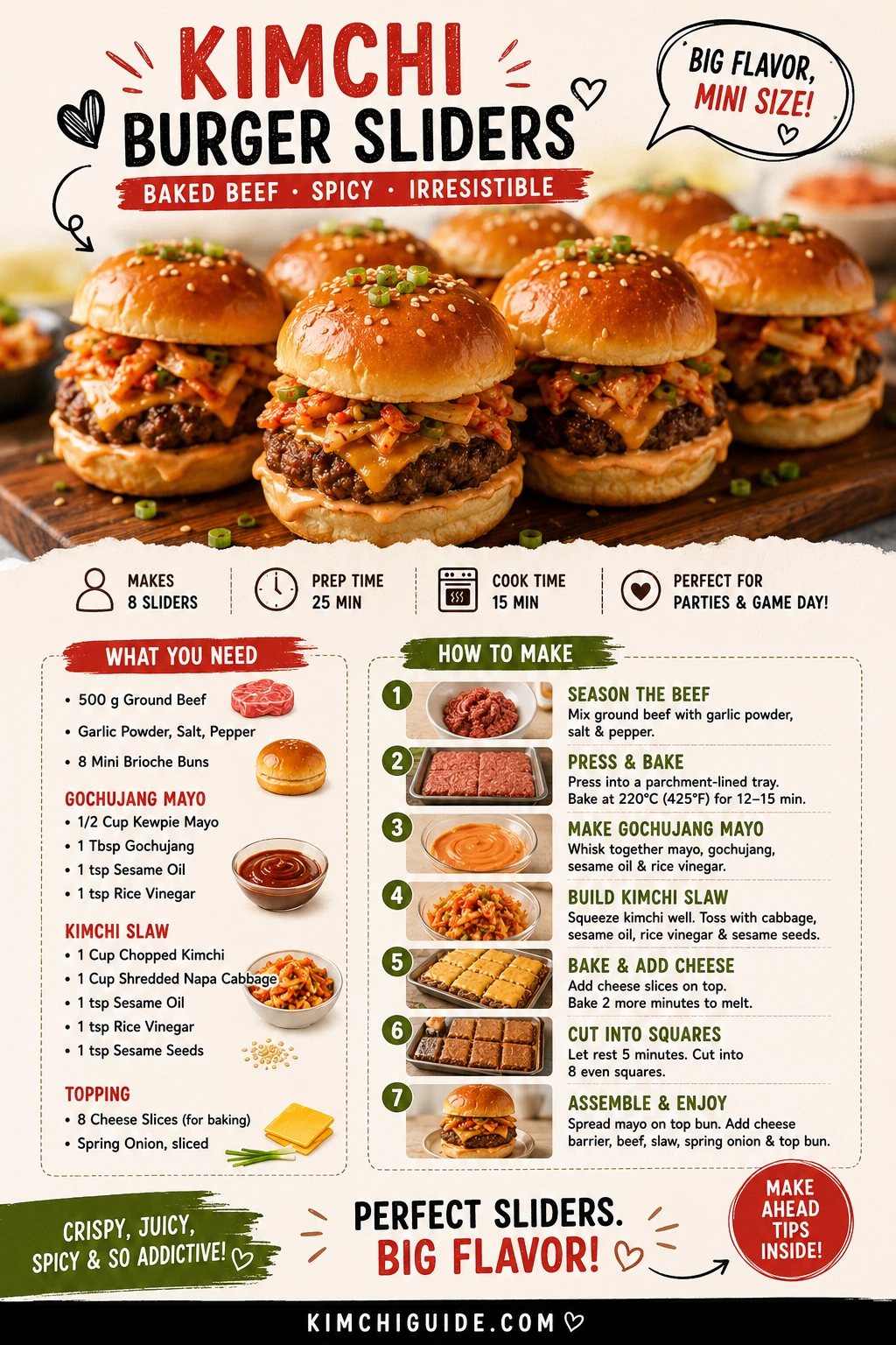 Overhead shot of kimchi burger sliders platter with gochujang mayo, kimchi slaw and mini brioche buns — Pinterest recipe card