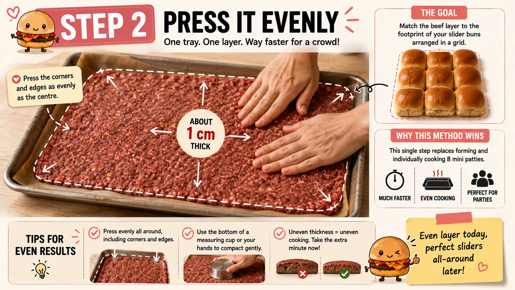 Seasoned beef pressed evenly into a parchment lined baking tray for kimchi burger sliders