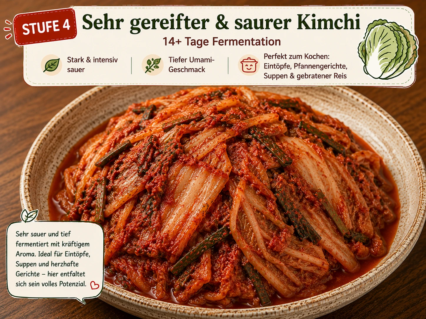 Stufe-4-Kimchi überreif, für empfindliche Mägen am Morgen weniger geeignet