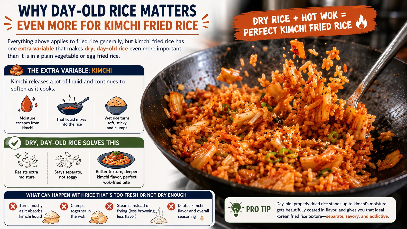 Kimchi fried rice being tossed in a hot wok with visibly separate, dry grains of day-old rice