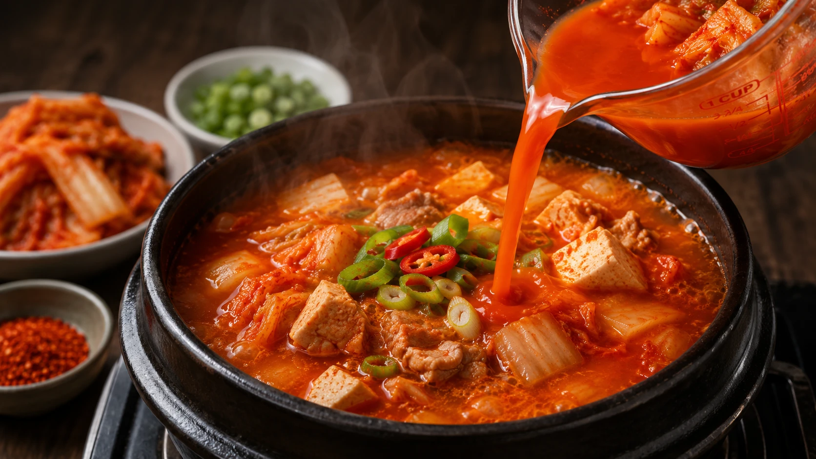 Kimchi juice being poured into a pot of kimchi jjigae stew