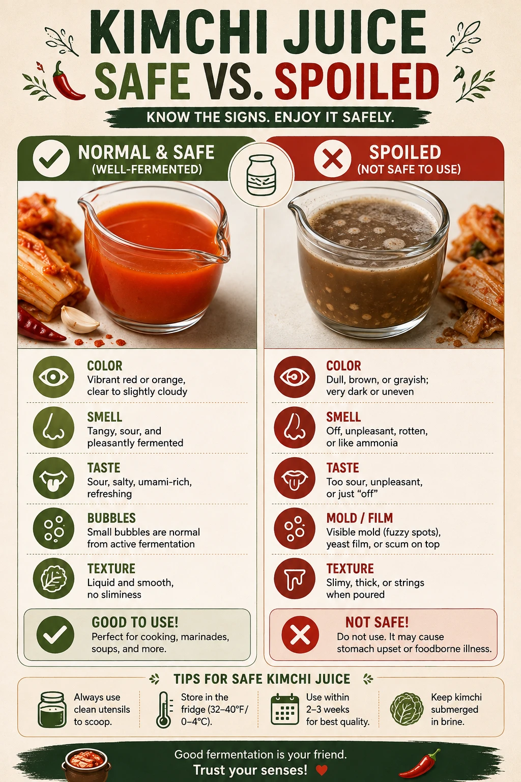 Comparison of normal, safely fermented kimchi juice next to signs of spoiled kimchi juice