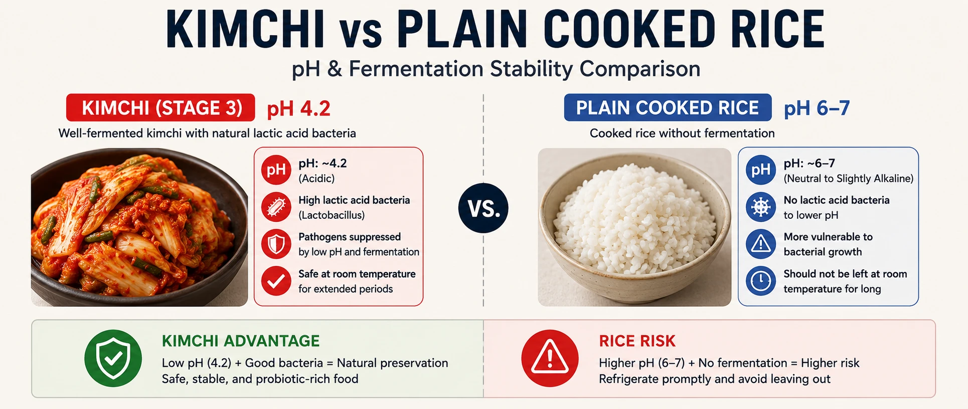 Kimchi Stage 3 pH 4.2 compared to plain cooked rice pH 6 to 7 chart