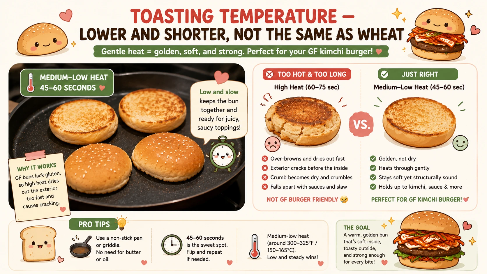 Gluten free hamburger bun toasting at medium low heat on a griddle to prevent cracking for kimchi burger