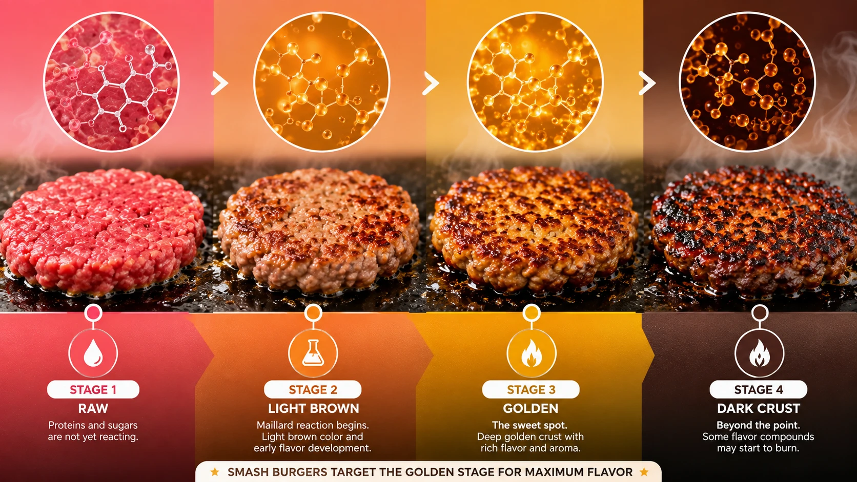 Maillard reaction stages: raw meat, browning, golden crust, dark crust