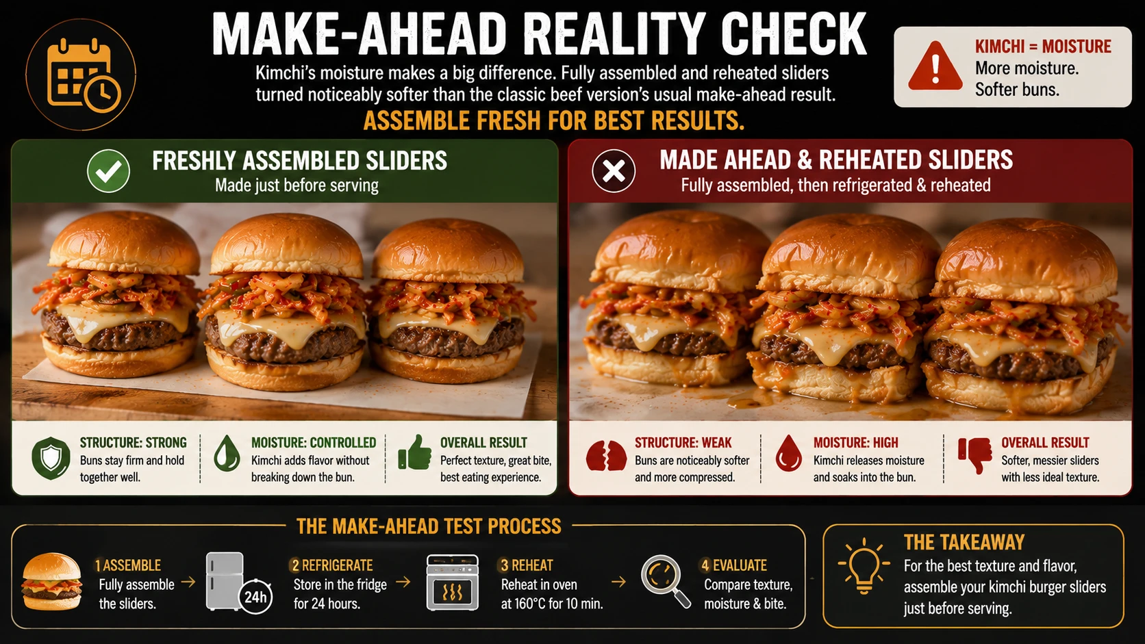Kimchi burger sliders assembled ahead of time and reheated compared to freshly assembled sliders