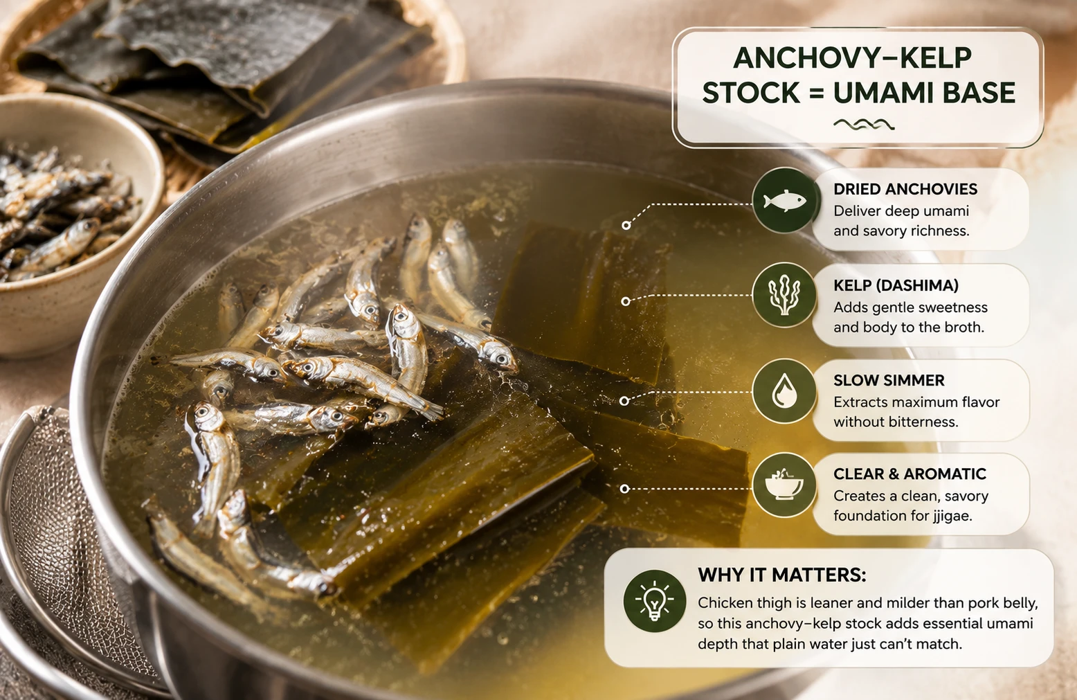 Anchovy kelp stock base for chicken kimchi jjigae