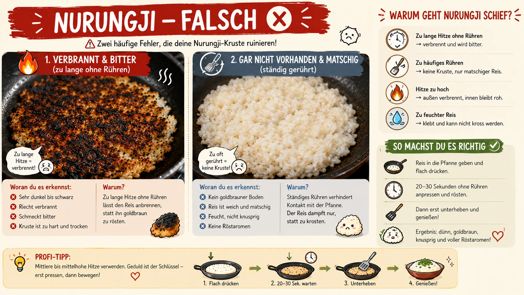 Falsch gemachte Nurungji-Kruste — entweder verbrannt und bitter oder gar nicht entstanden, matschiger Reis