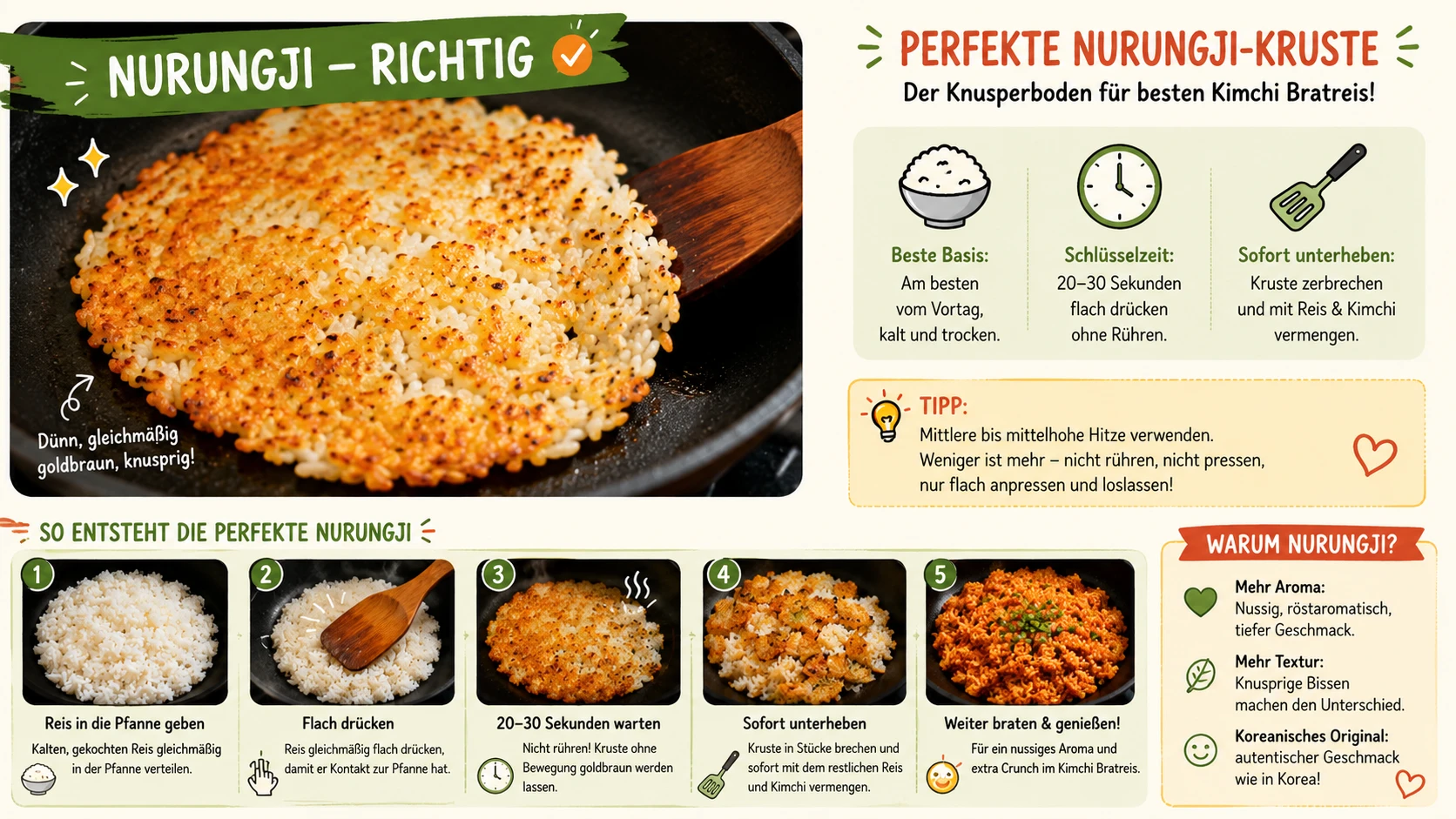 Richtig gemachte Nurungji-Kruste — dünn, gleichmäßig goldbraun, an Reis gehaftet, klassisches Kimchi Bratreis