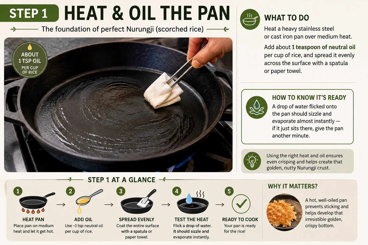 Neutral oil being spread evenly across a hot cast iron pan before adding rice