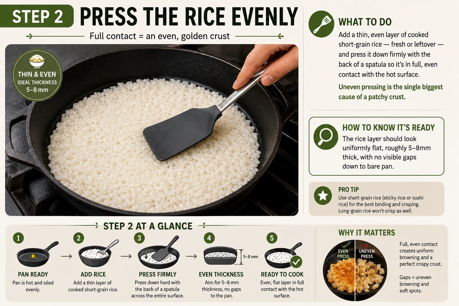 A thin even layer of short-grain rice being pressed firmly into a hot oiled pan