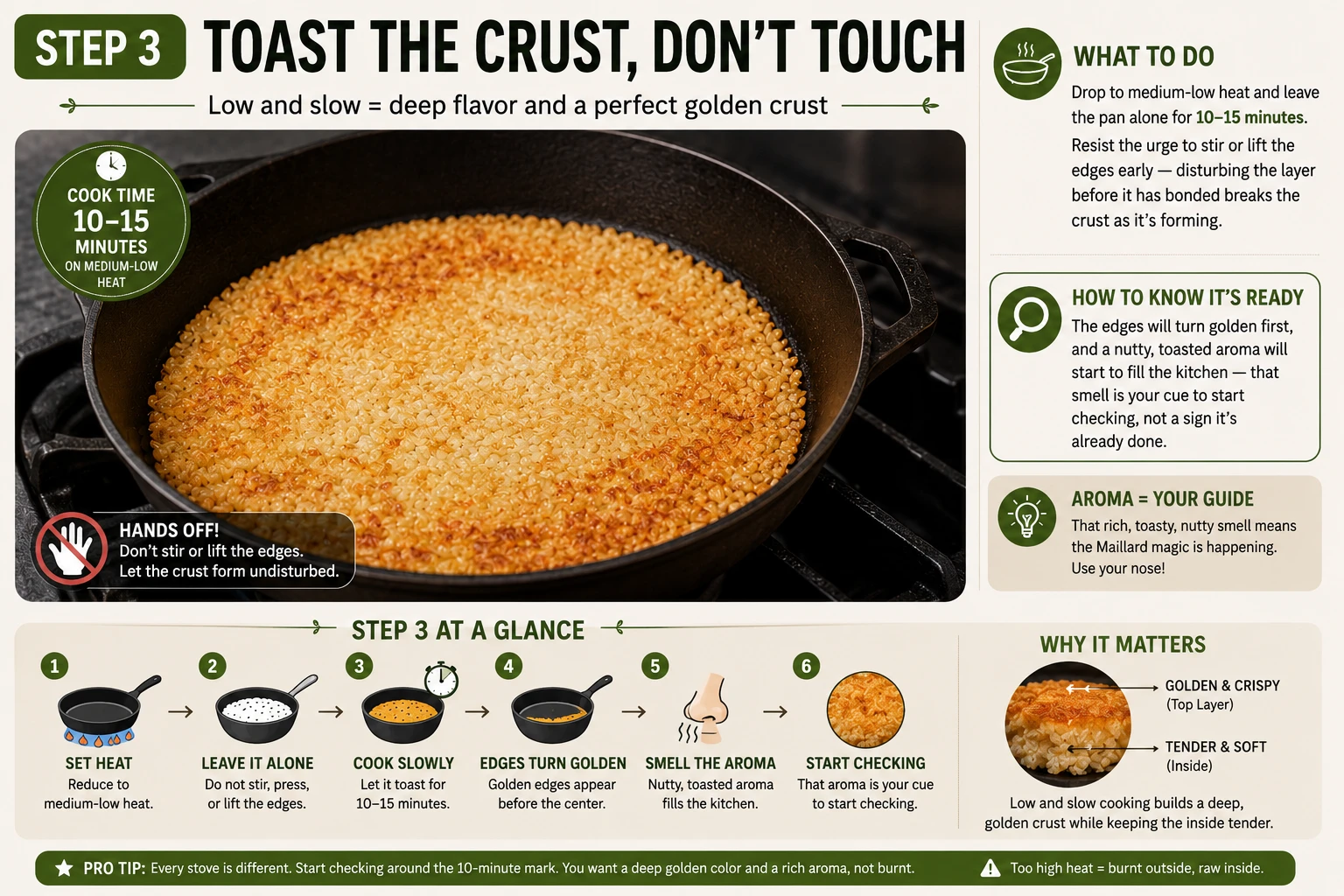 Rice slowly toasting into a golden brown crust in a pan, left undisturbed