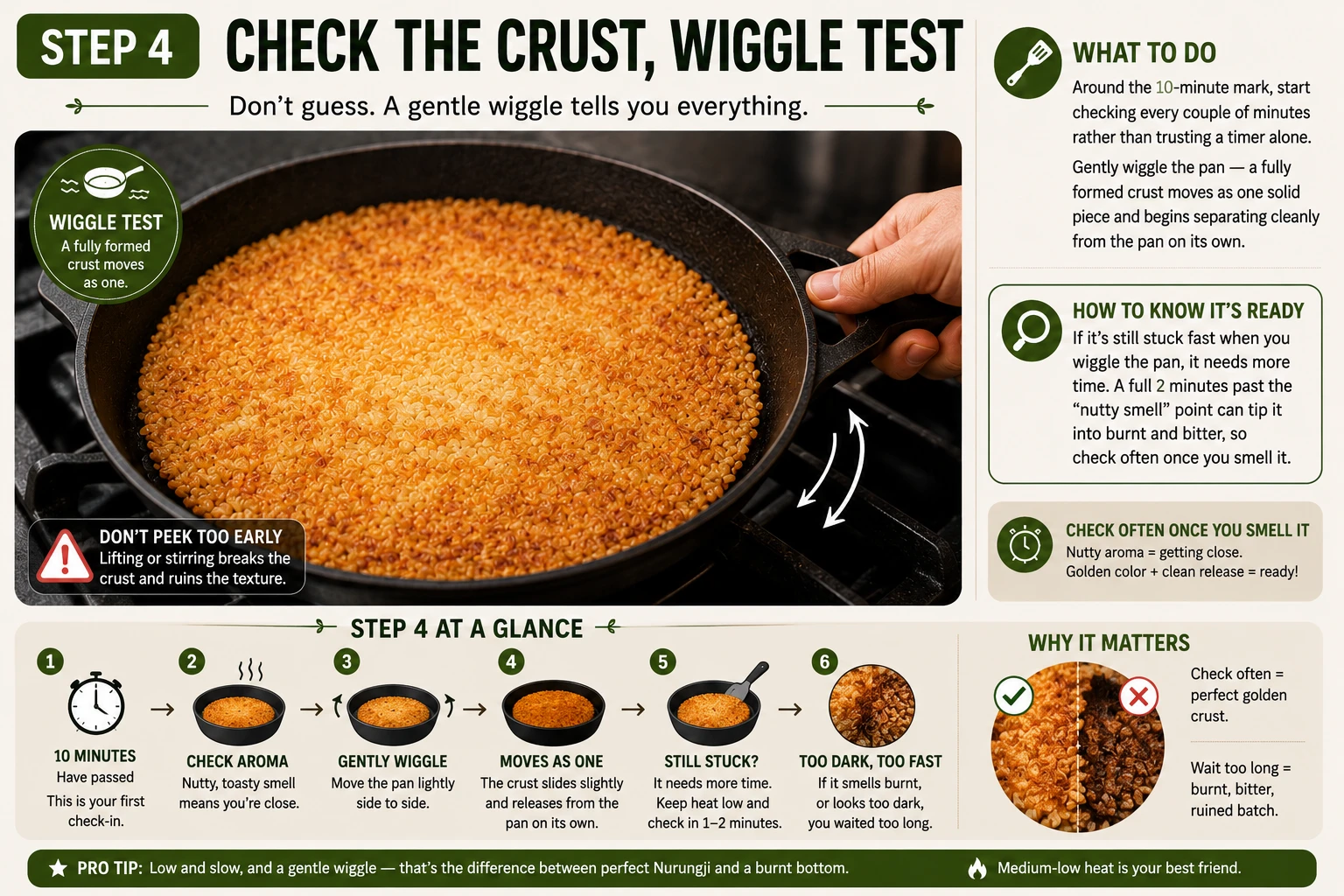 Gently wiggling the pan to test whether the nurungji crust has fully released