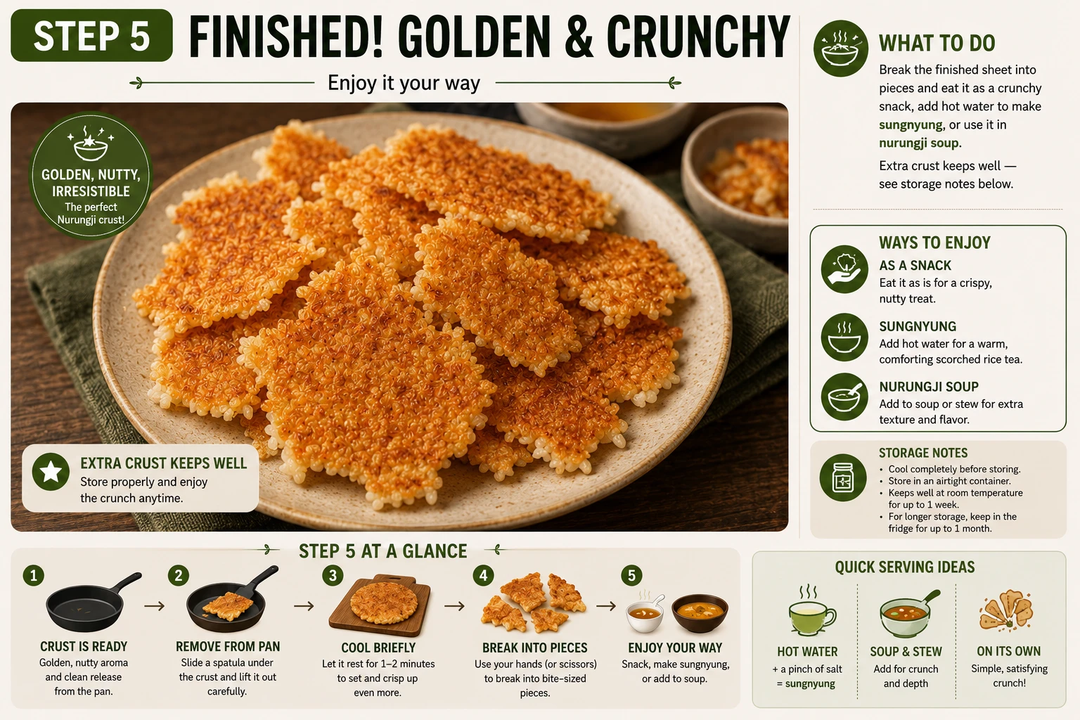 Finished golden nurungji crust broken into crunchy pieces on a plate
