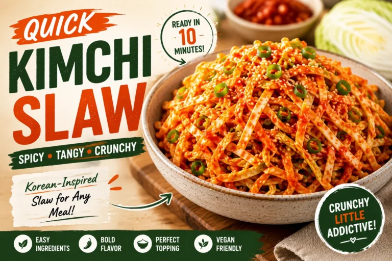 Quick kimchi slaw with spicy gochujang dressing, crunchy napa cabbage, sesame seeds, and green onions