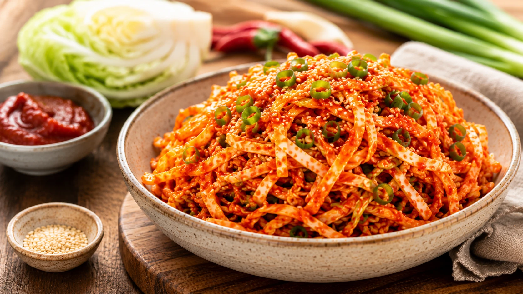 Quick kimchi slaw in a glass bowl, napa cabbage with gochujang dressing