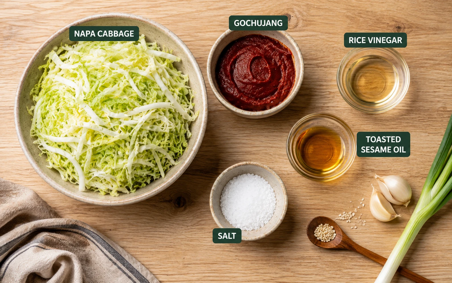 All ingredients: napa cabbage, gochujang, rice vinegar, sesame oil, salt