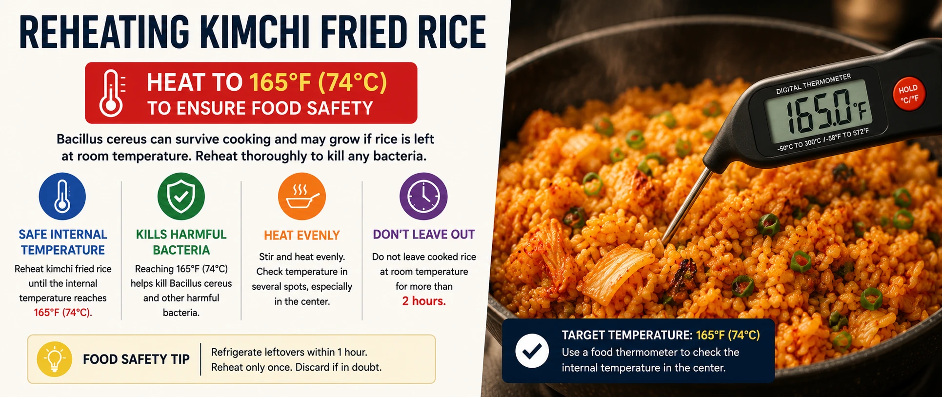 Food thermometer showing 165 degrees Fahrenheit in reheated kimchi fried rice