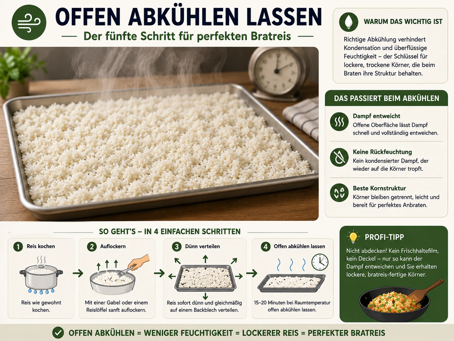 Backblech mit Reis, das offen bei Raumtemperatur abkühlt, mit sichtbar aufsteigendem Dampf