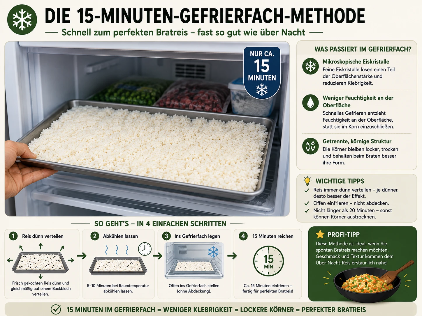 Backblech mit frisch gekochtem Reis wandert für die 15-Minuten-Schnellmethode ins Gefrierfach