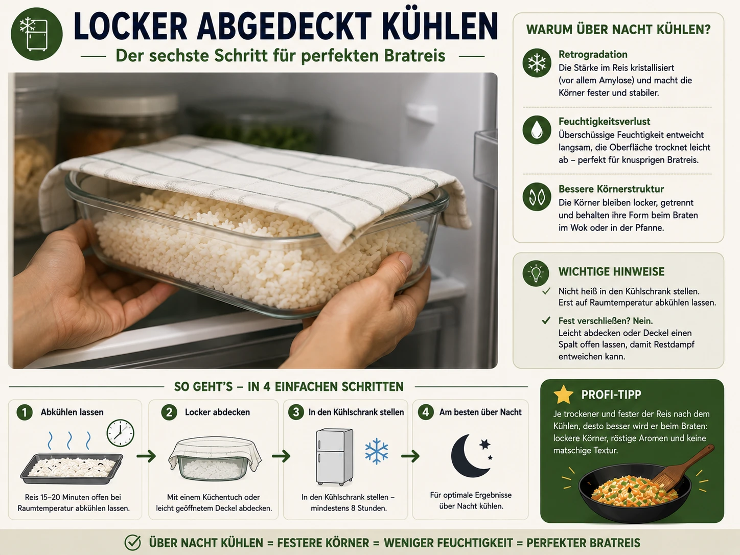 Abgekühlter Reis in einem locker abgedeckten, luftdichten Behälter wird in den Kühlschrank gestellt