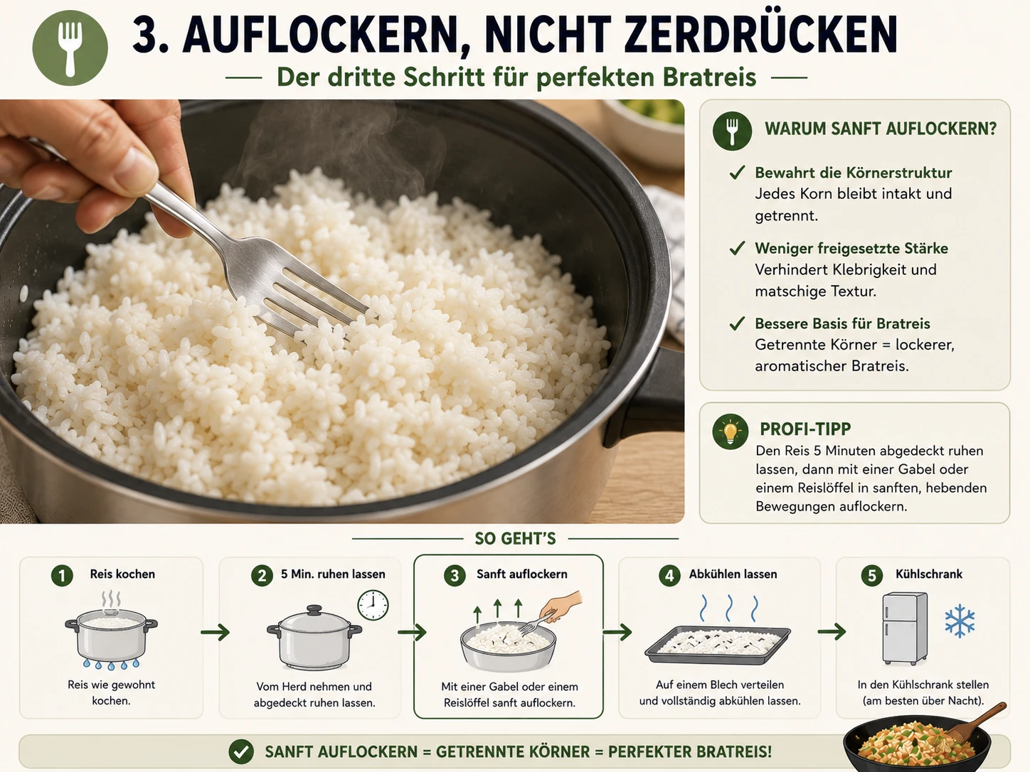 Frisch gekochten Reis direkt nach dem Kochen sanft mit einer Gabel auflockern