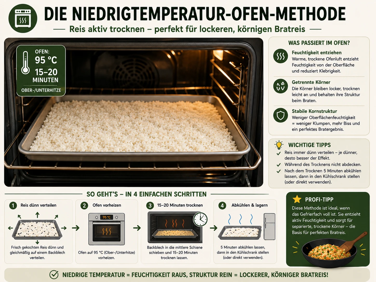 Backblech mit Reis trocknet bei niedriger Ofentemperatur als Alternative zur Gefrierfach-Methode
