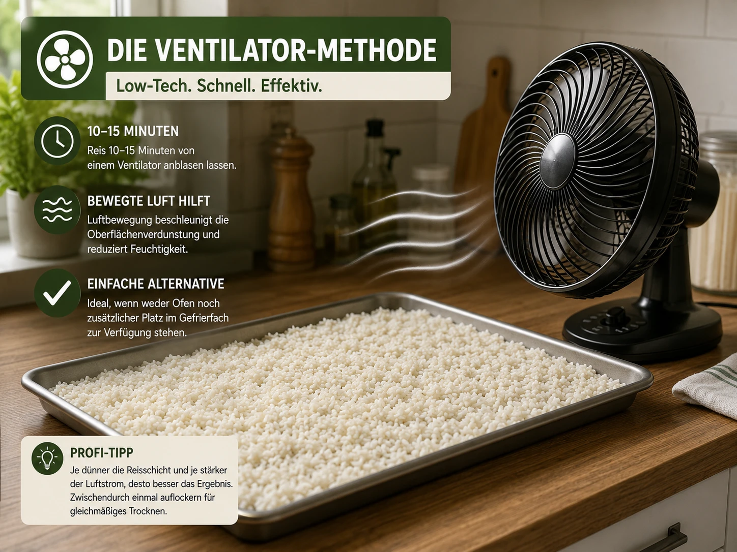 Ein Ventilator bläst über ein Tablett mit verteiltem Reis auf einer Küchenarbeitsplatte, um das Trocknen zu beschleunigen
