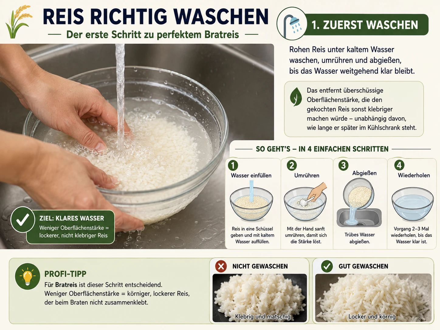 Rohen weißen Reis unter kaltem, fließendem Wasser in einer Schüssel waschen, bis das Wasser klar wird