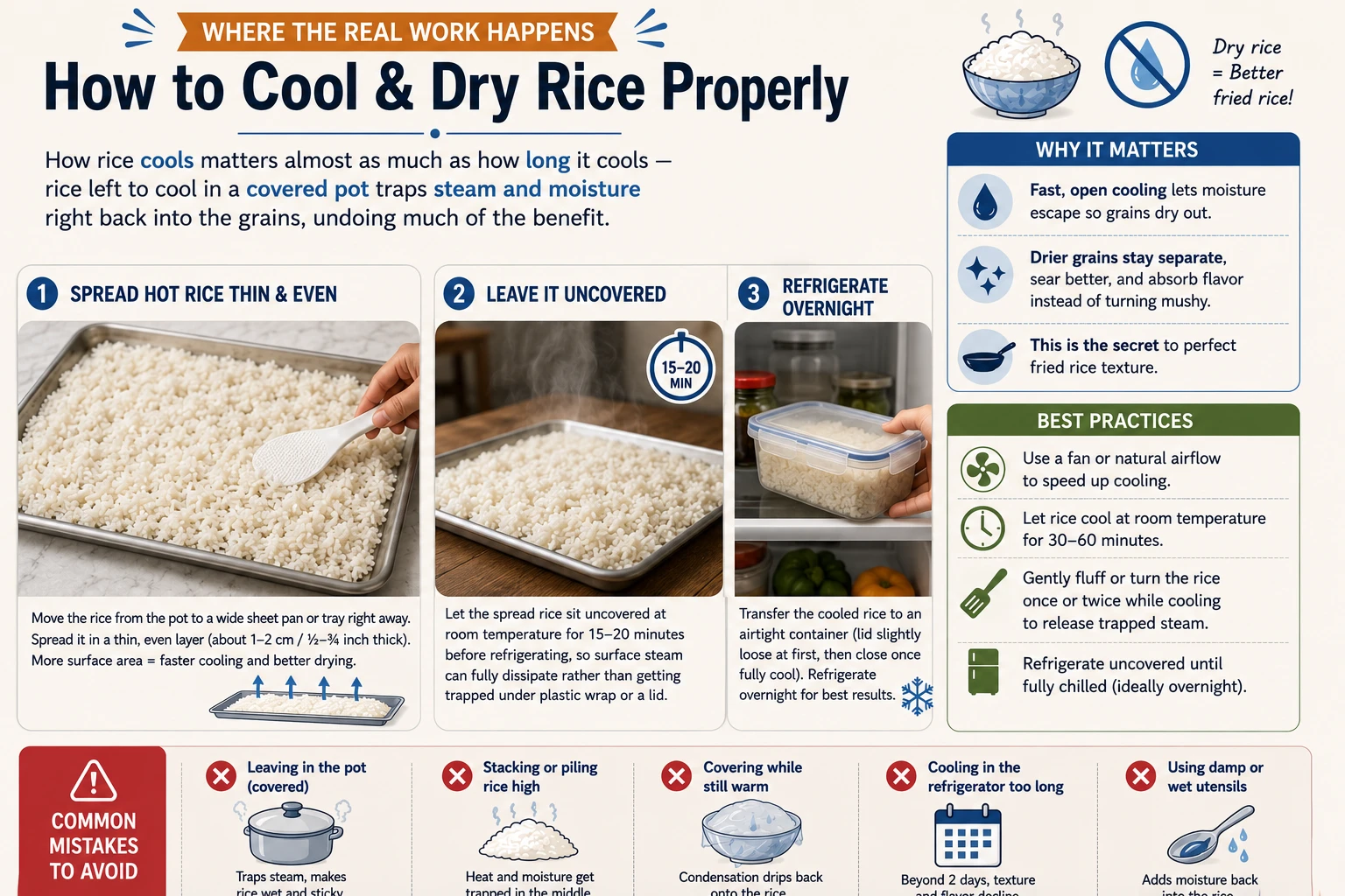Cooled rice in a loosely covered airtight container being placed in the refrigerator