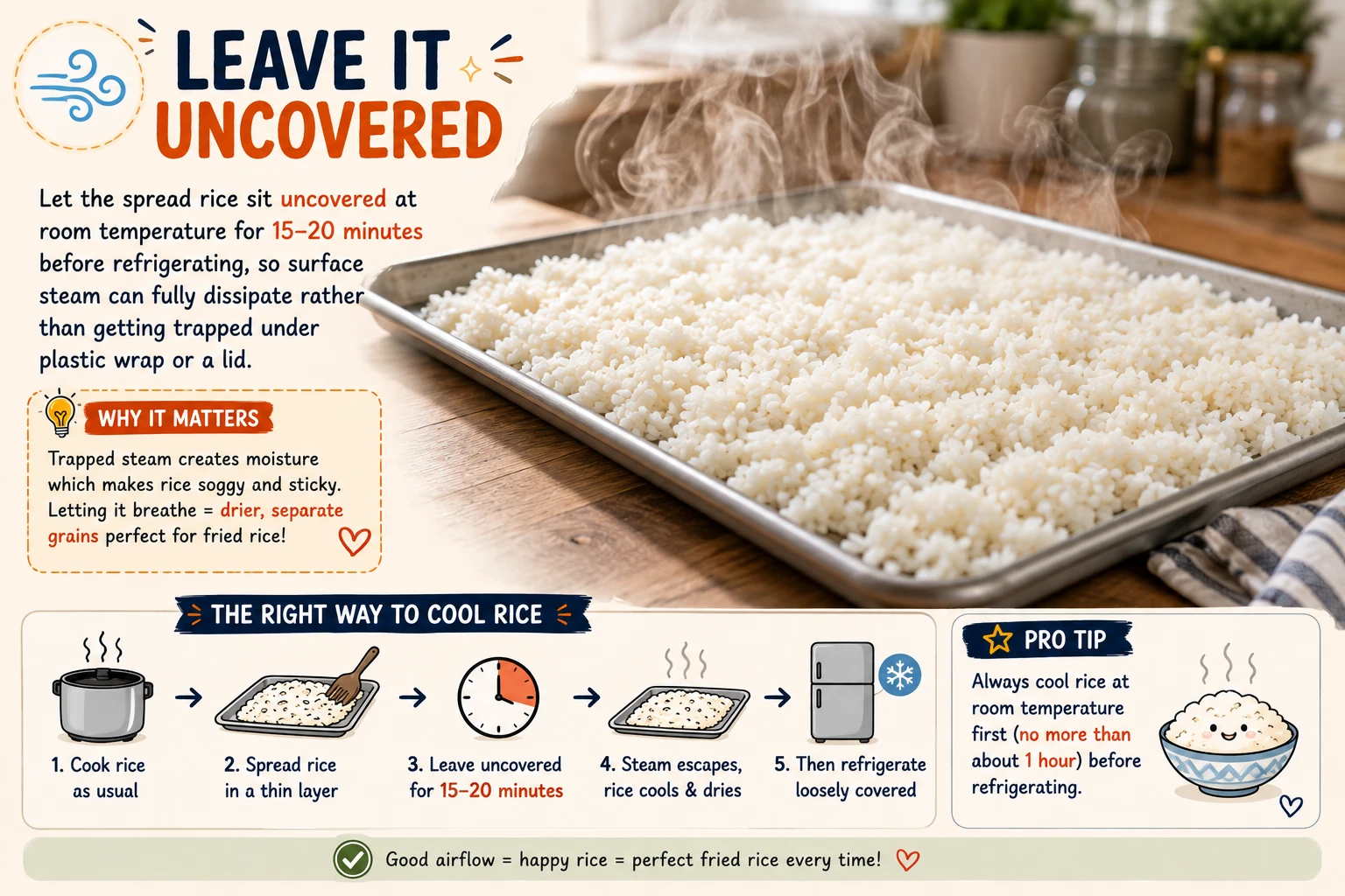 Sheet pan of rice cooling uncovered at room temperature with visible steam rising