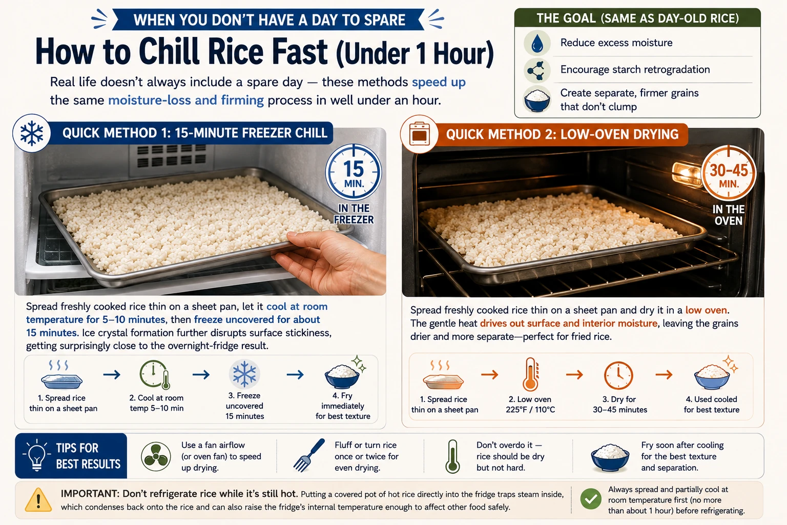 Sheet pan of rice drying out in a low oven as an alternative to the freezer method