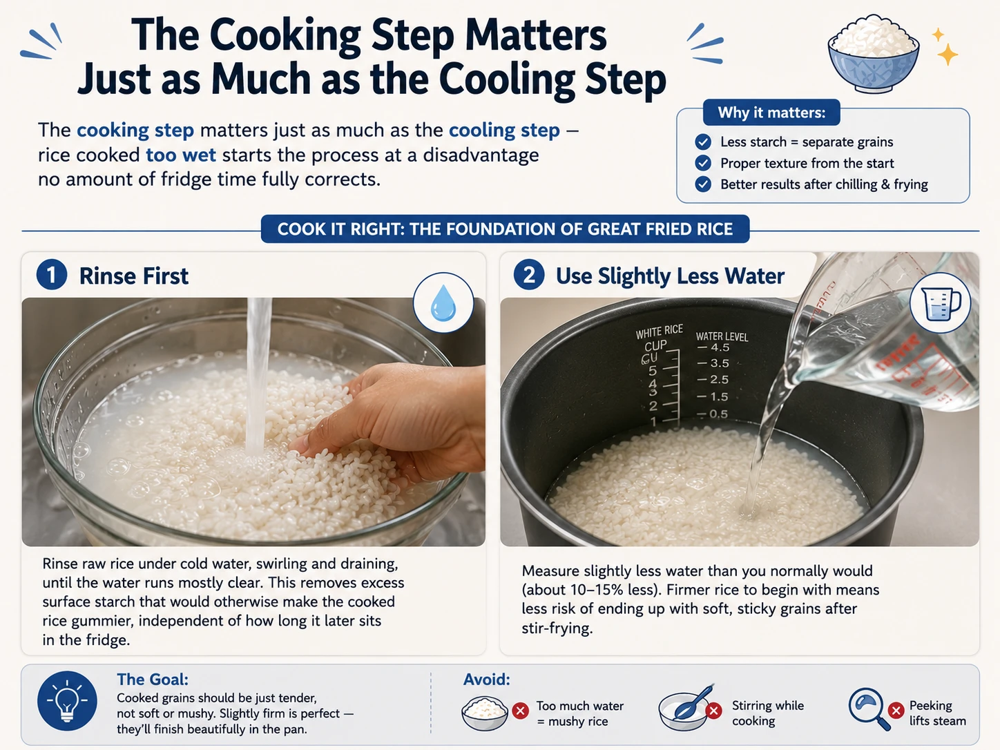 Rinsing raw white rice under cold running water in a bowl until the water runs clear