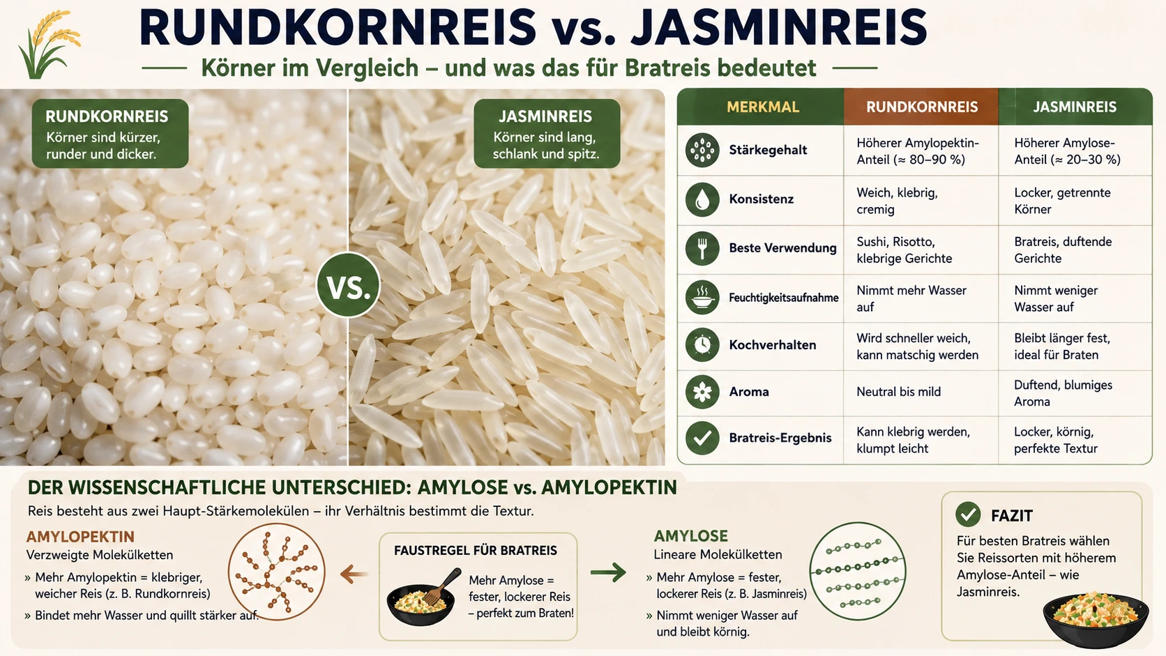 Nahaufnahme-Vergleich von rundlicheren Rundkornreis-Körnern neben schlanken Jasminreis-Körnern