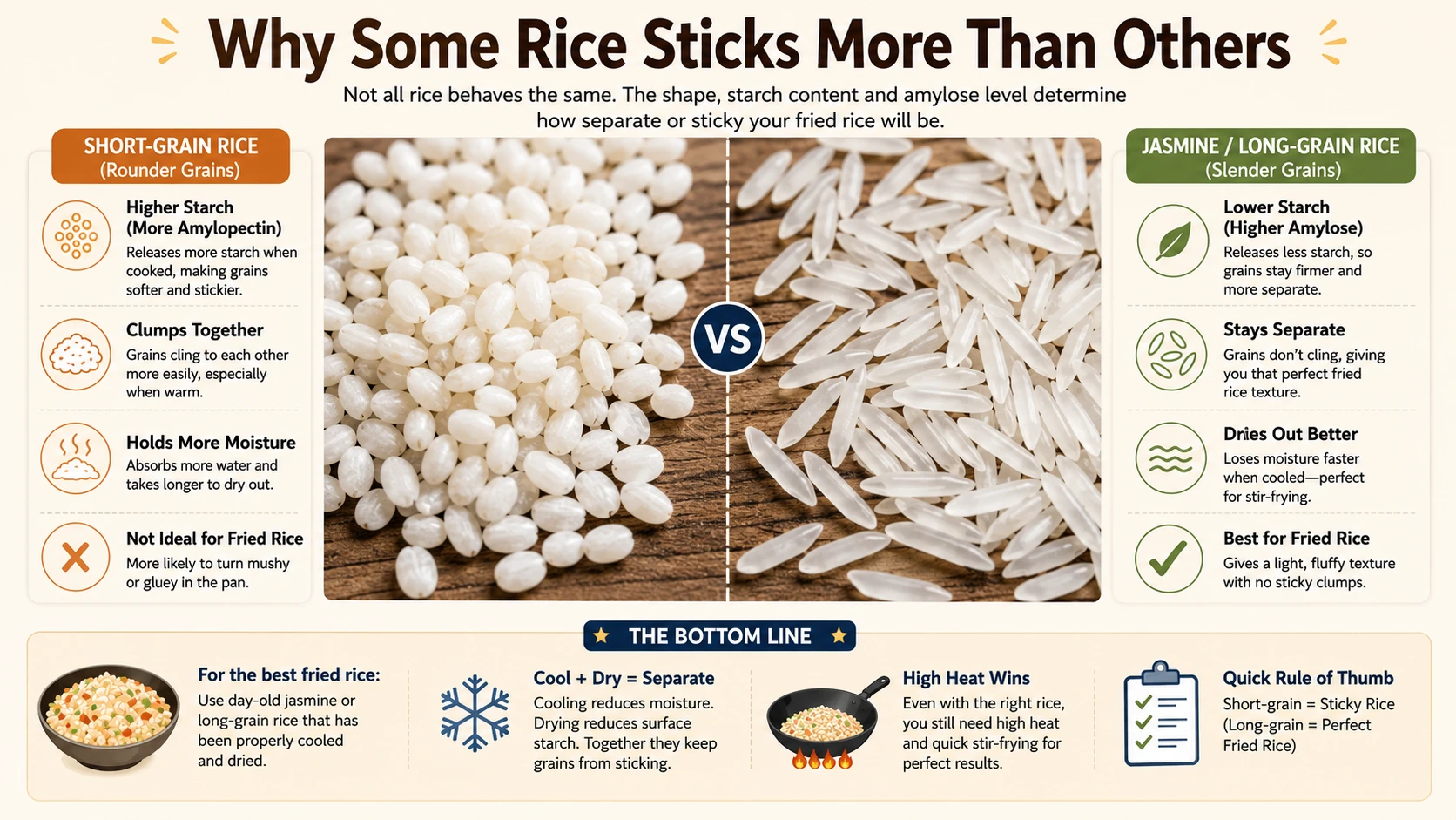 Close-up comparison of rounder short-grain rice grains next to slender jasmine rice grains