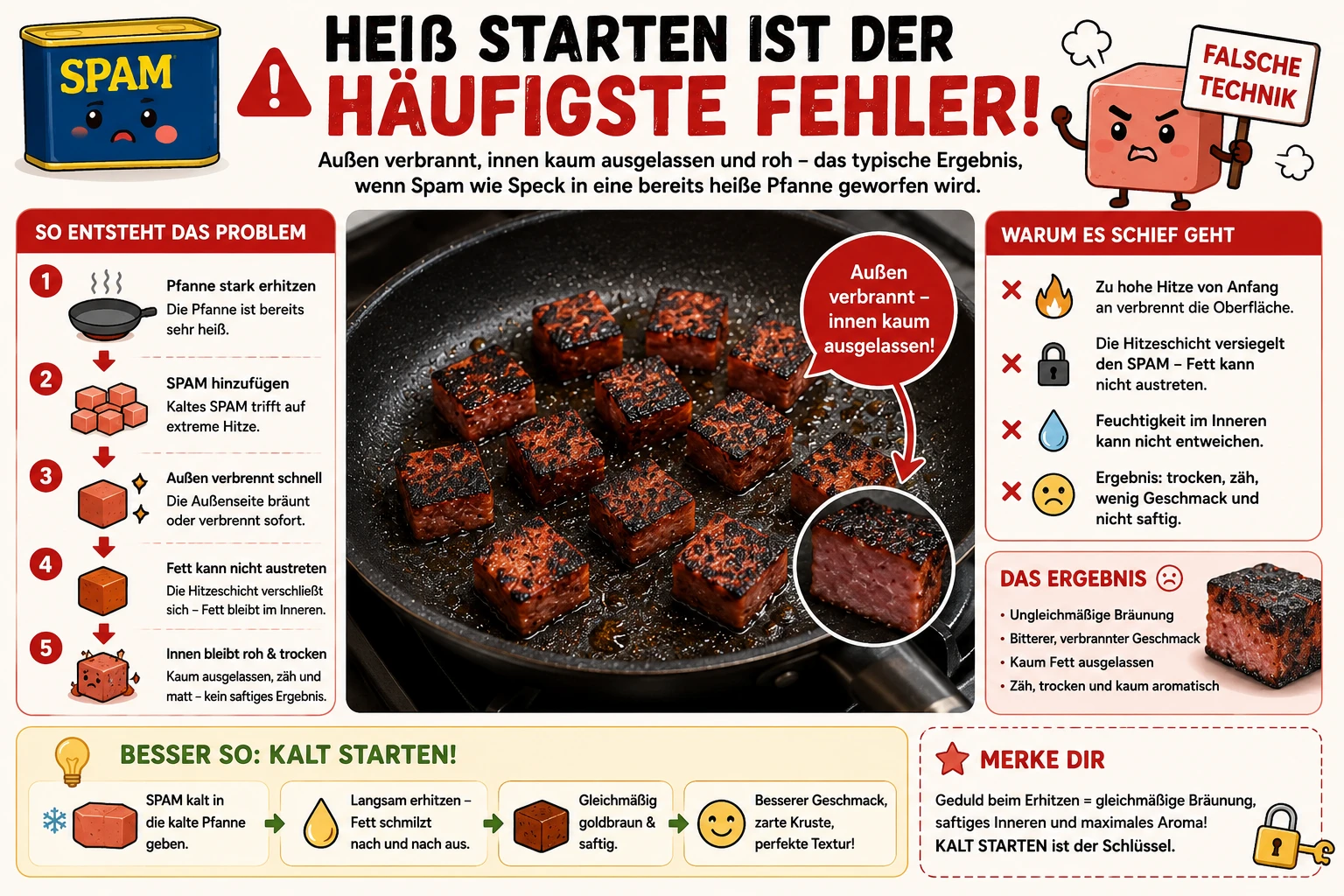 Spam-Würfel in bereits heißer Pfanne — falsche Technik, verbrennt außen bevor das Fett austritt