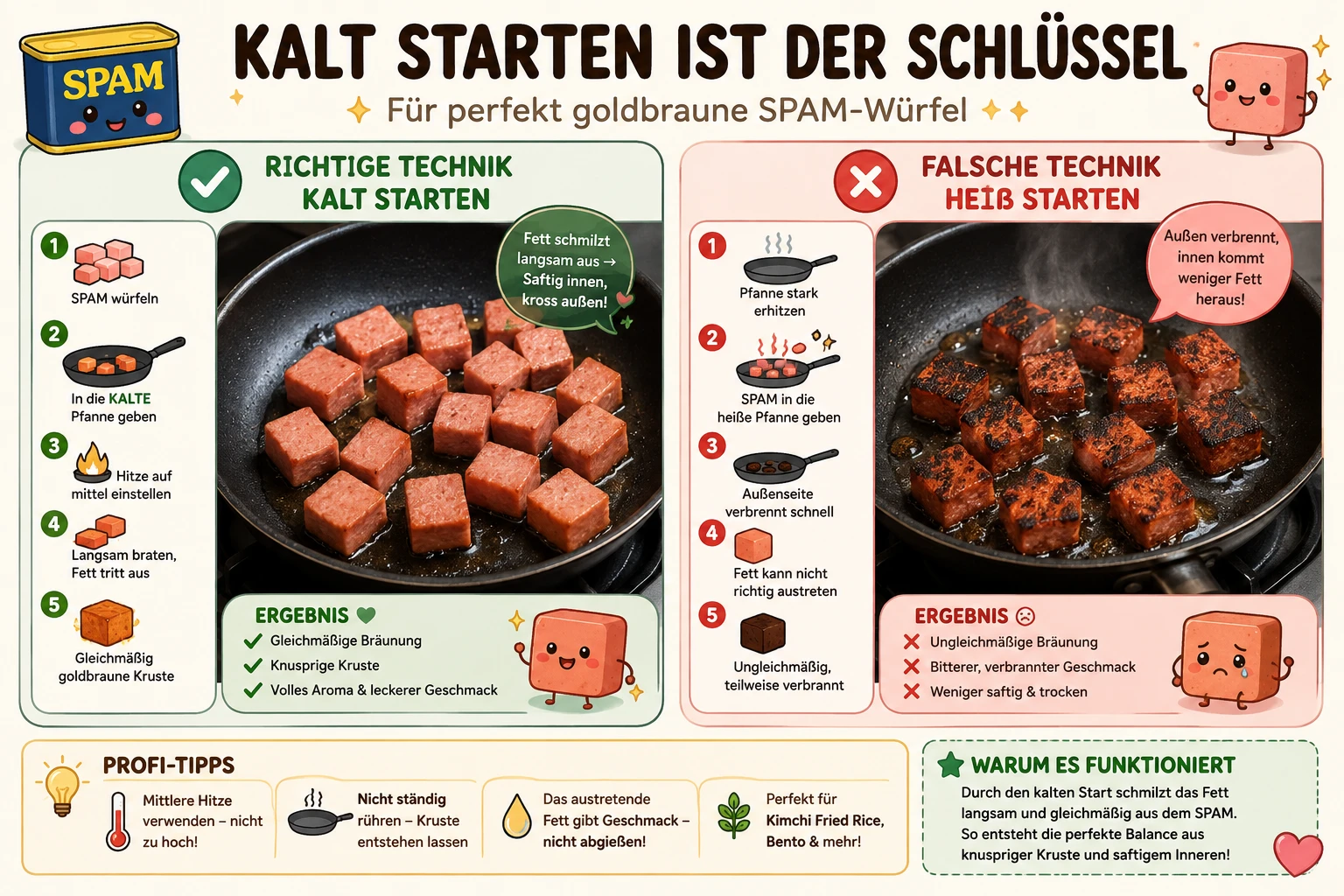 Spam-Würfel kalt in der Pfanne gestartet — richtige Technik für gleichmäßiges Auslassen des Fetts
