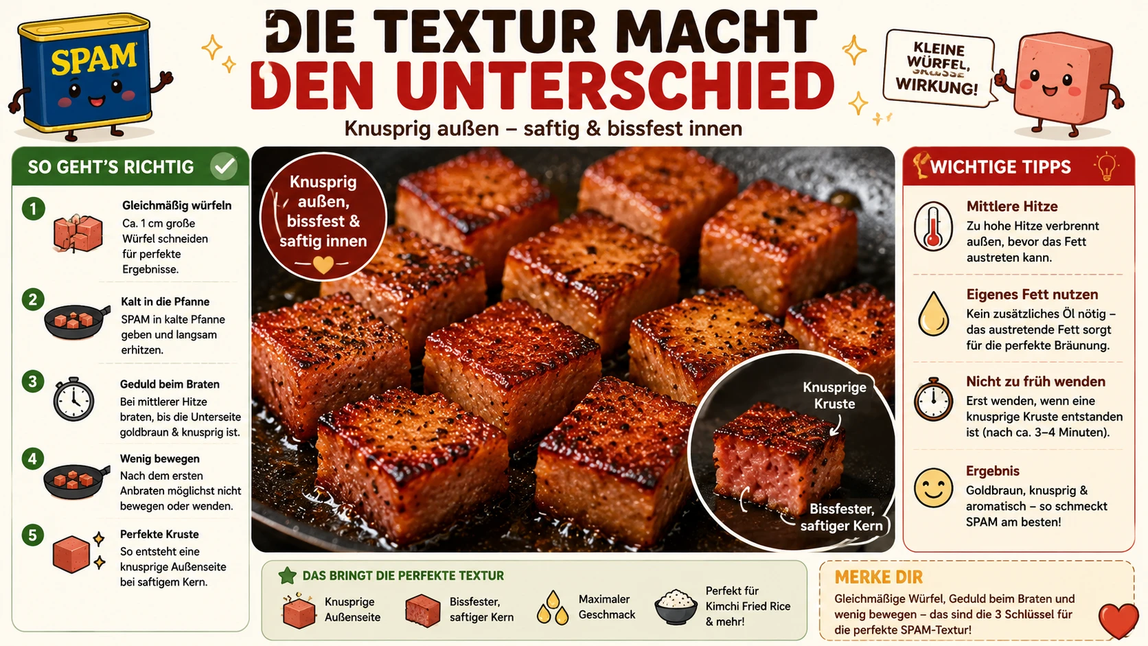 Knusprig ausgelassene Spam-Würfel in Nahaufnahme, goldbraune Kruste