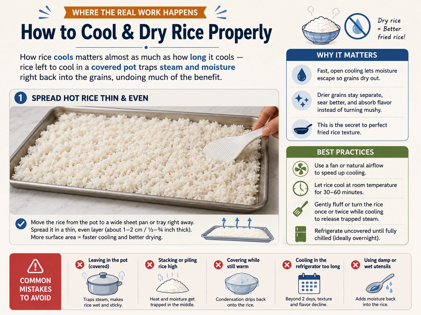 Spreading hot cooked rice in a thin, even layer across a metal sheet pan