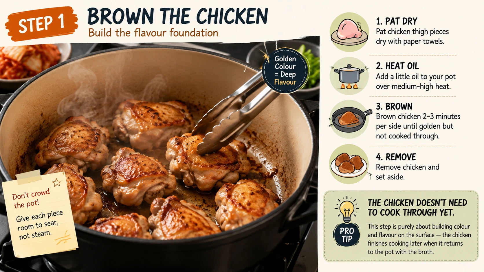Browning chicken thigh pieces before adding broth for kimchi jjigae