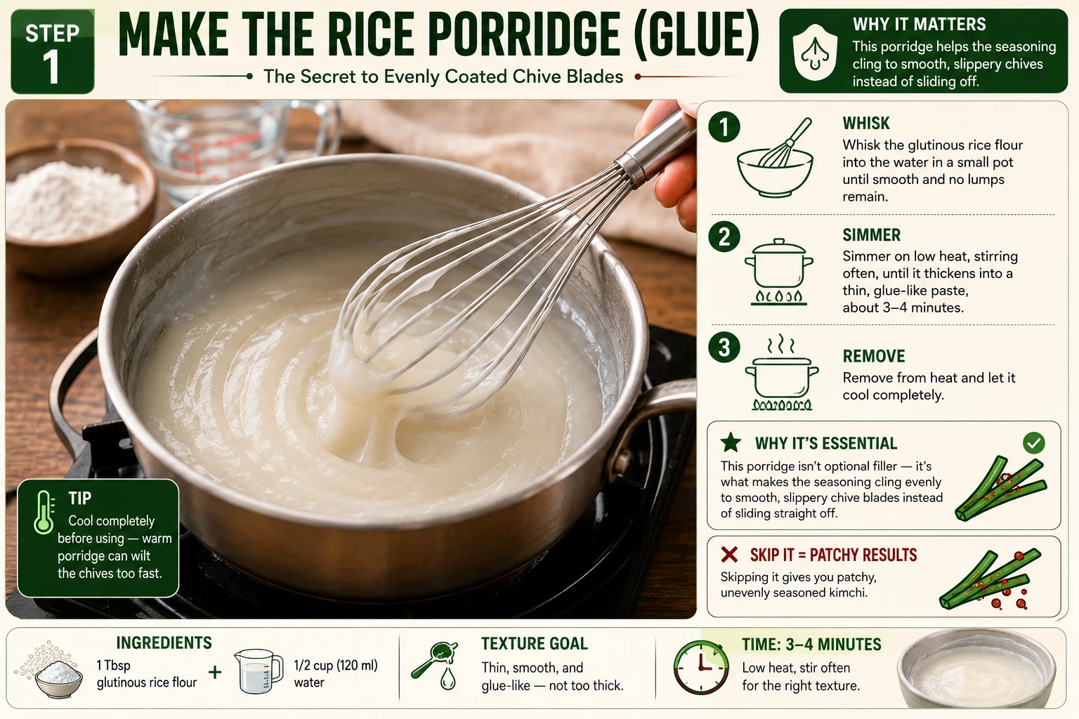Whisking glutinous rice flour and water into a thin porridge for buchu kimchi seasoning paste