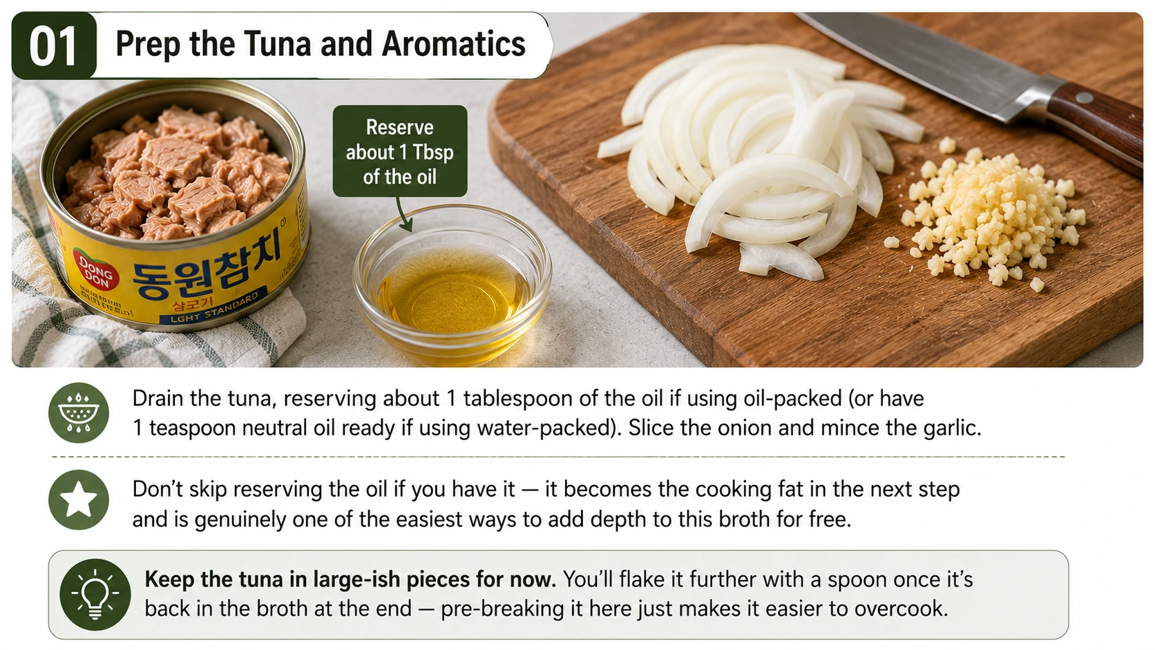 Draining canned tuna and prepping aromatics for tuna kimchi jjigae