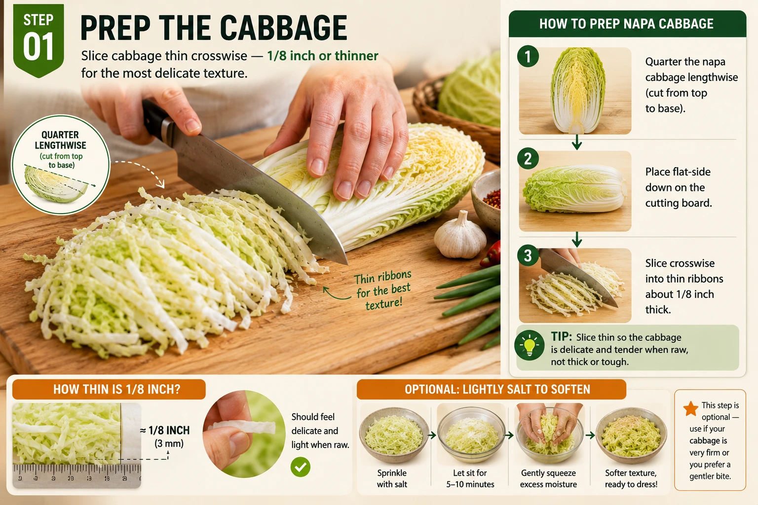Cutting napa cabbage into thin slices