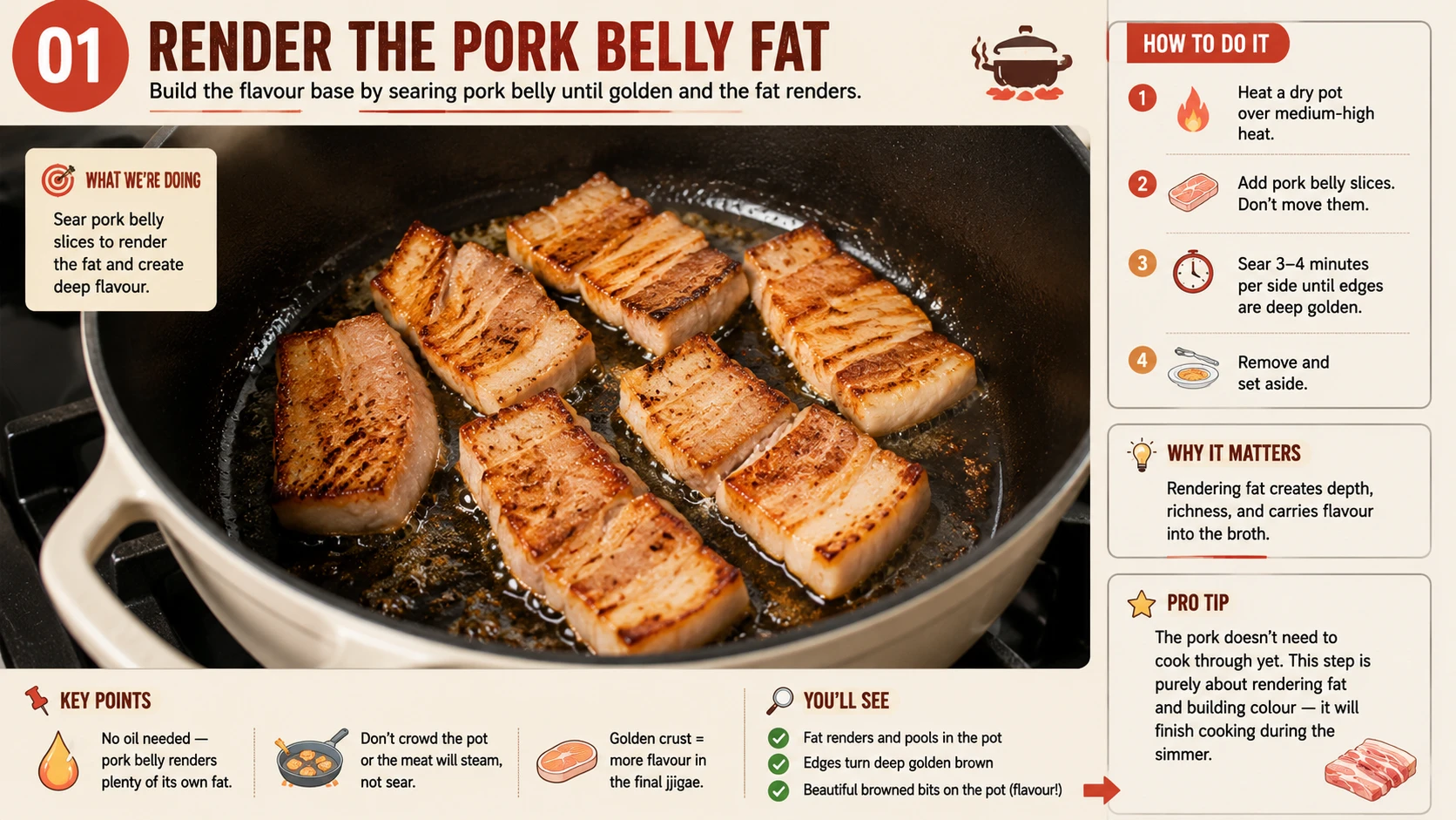 Searing pork belly slices undisturbed to render fat for classic kimchi jjigae