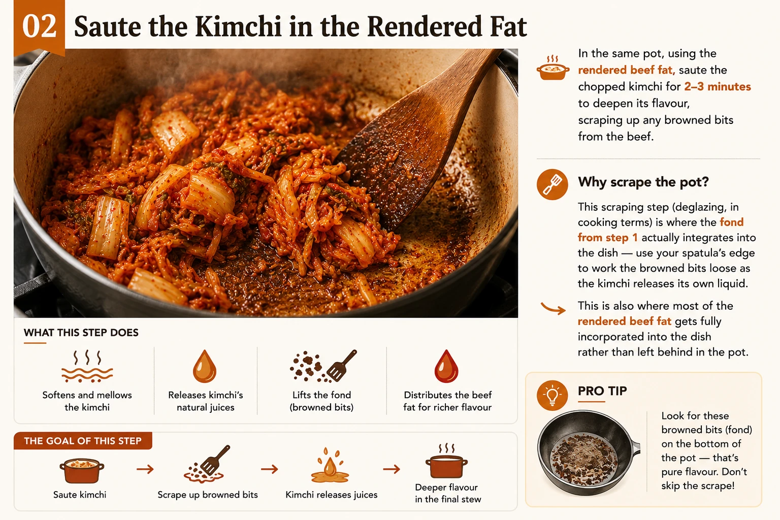 Sauteing kimchi in rendered beef fat scraping browned bits for kimchi jjigae