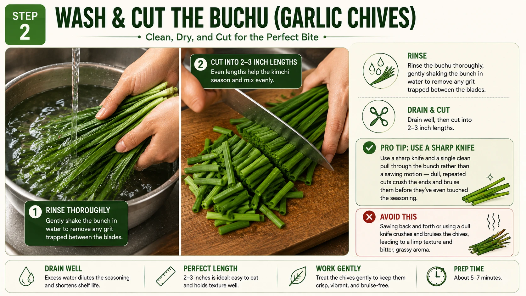 Washing garlic chives thoroughly and cutting them into two to three inch lengths for buchu kimchi