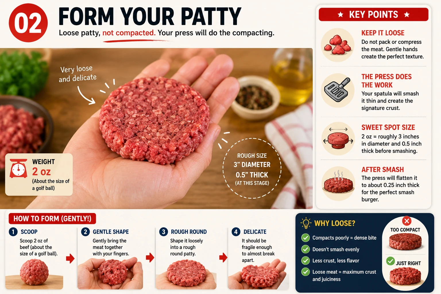 Forming 2 oz loose ground beef patty in hand, gentle pressure