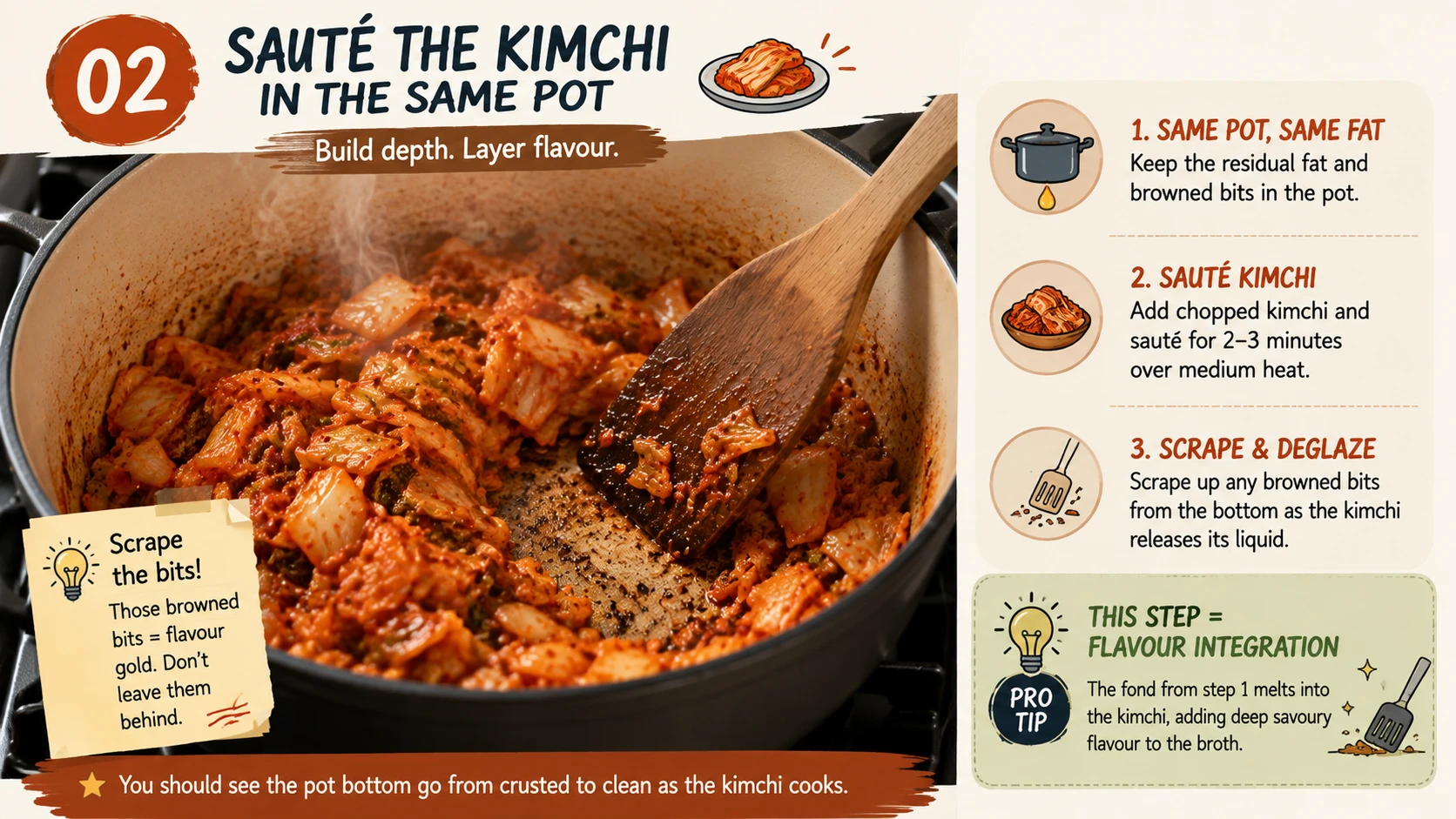 Sauteing kimchi in chicken fat scraping browned bits for kimchi jjigae