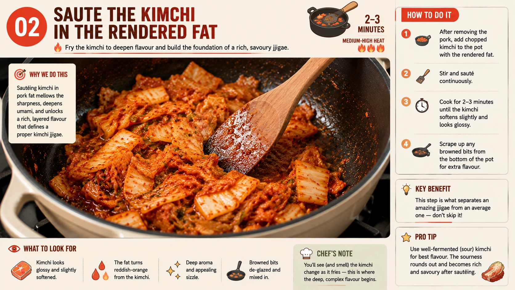 Sauteing aged kimchi in rendered pork fat for classic kimchi jjigae