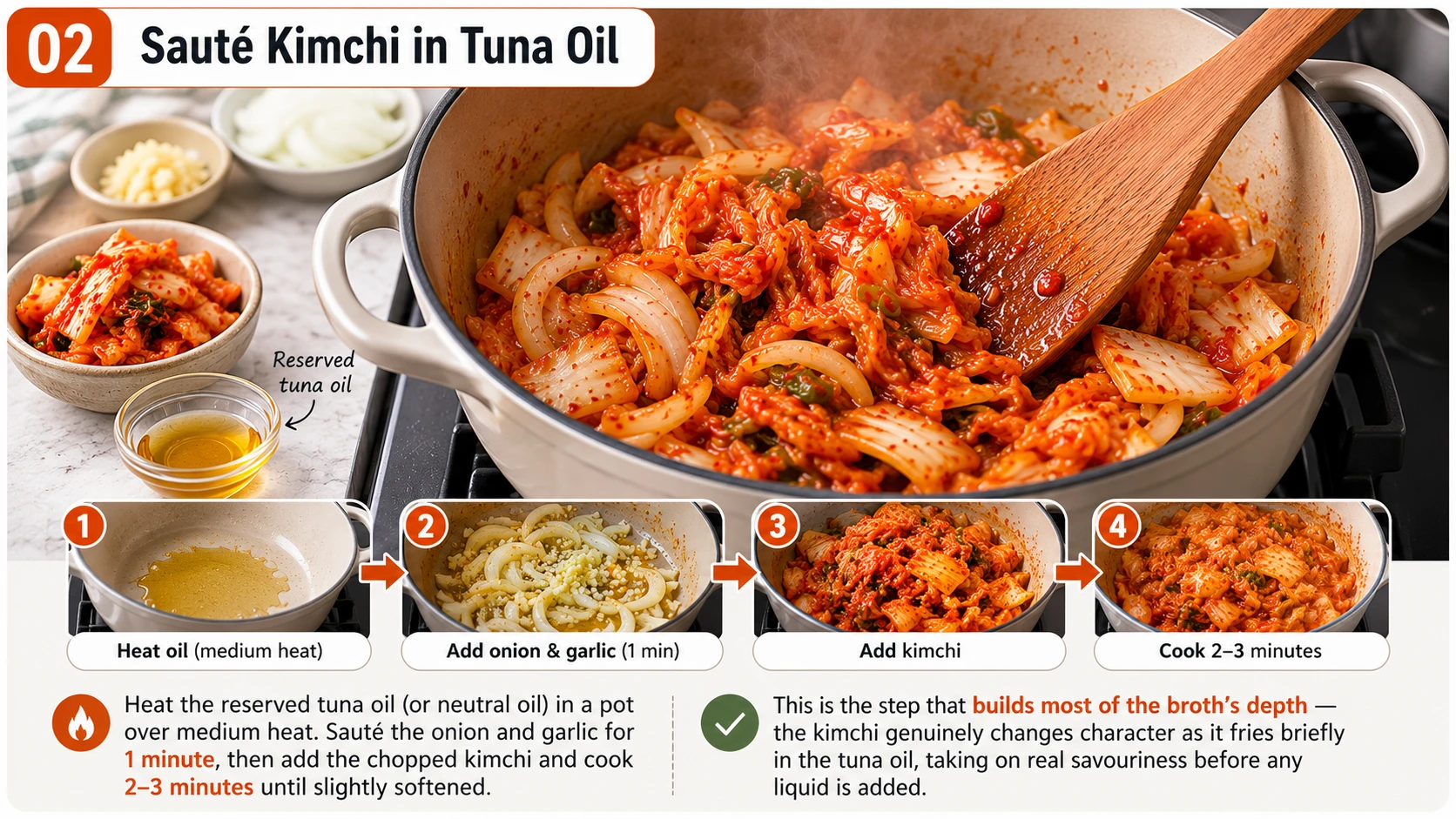Sauteing onion garlic and kimchi in reserved tuna oil for tuna kimchi jjigae